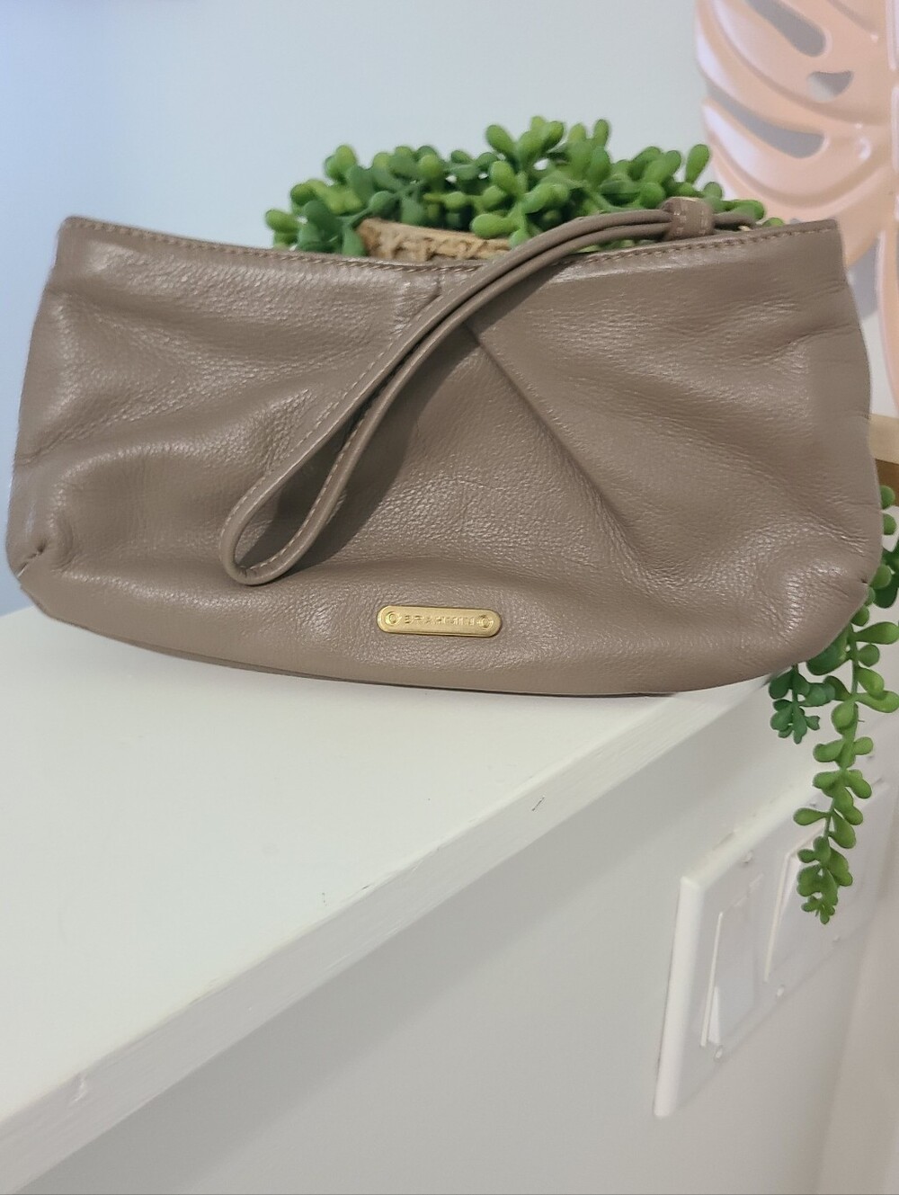 Brahmin Taupe Leather Wristlet Clutch